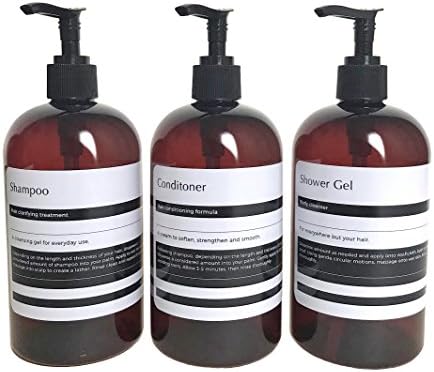 General Goods Refillable 16oz Amber PET Plastic Bottle Set - Includes 3 Bottles with Labels for Shampoo, Conditioner &amp; Shower Gel - MADE IN THE USA
