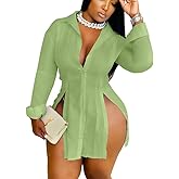 Fuiuwhs Sexy Shirts for Women Button Up Shirt Dress Outfits Party Long Sleeve Side Split Blouse Top