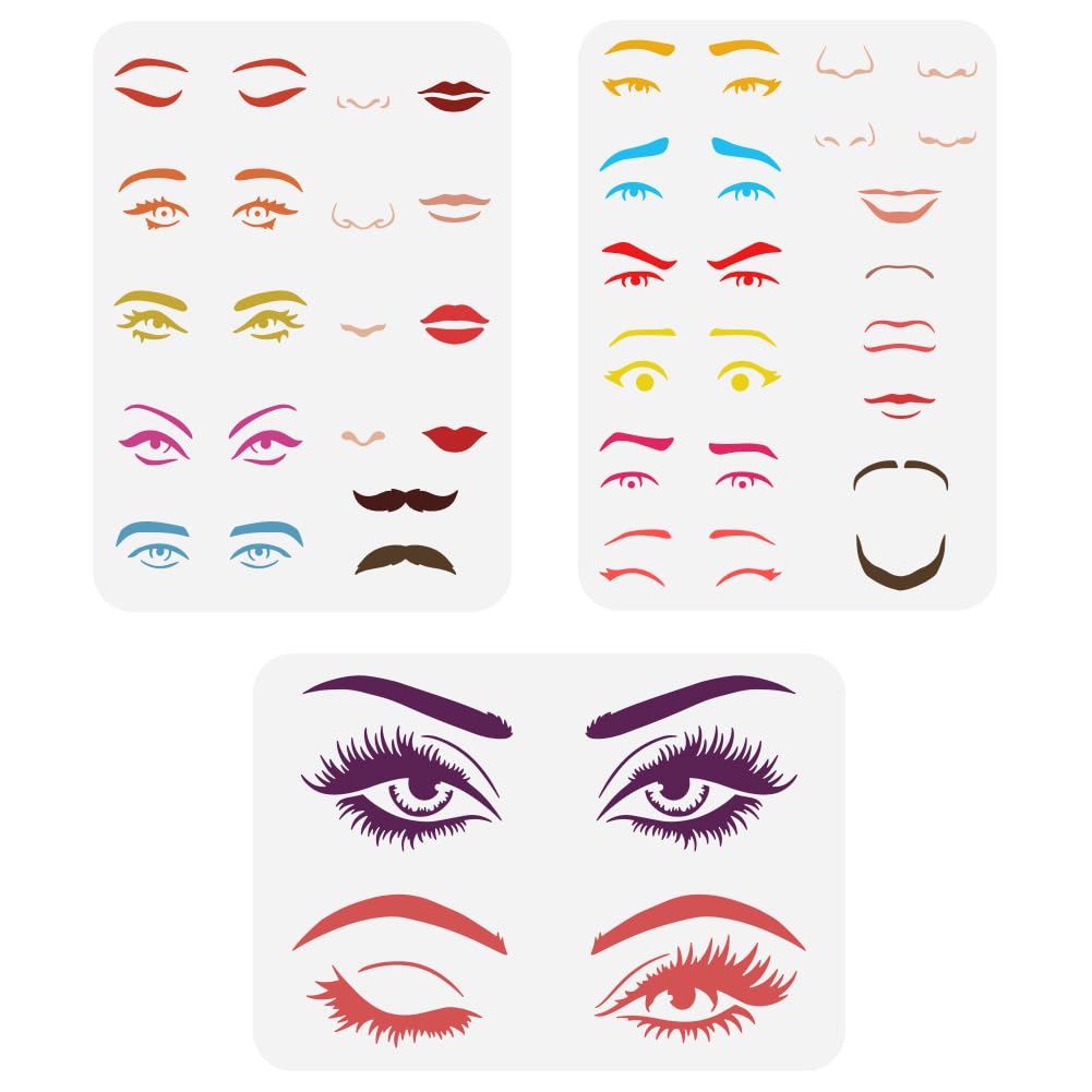 FINGERINSPIRE 3 pcs Facial Features Painting Stencil 21x29.7cm Reusable Eyes Nose Mouth Eyebrows Beard Drawing Template Faces Features Stencil for Painting on Wood Wall Fabric Furniture