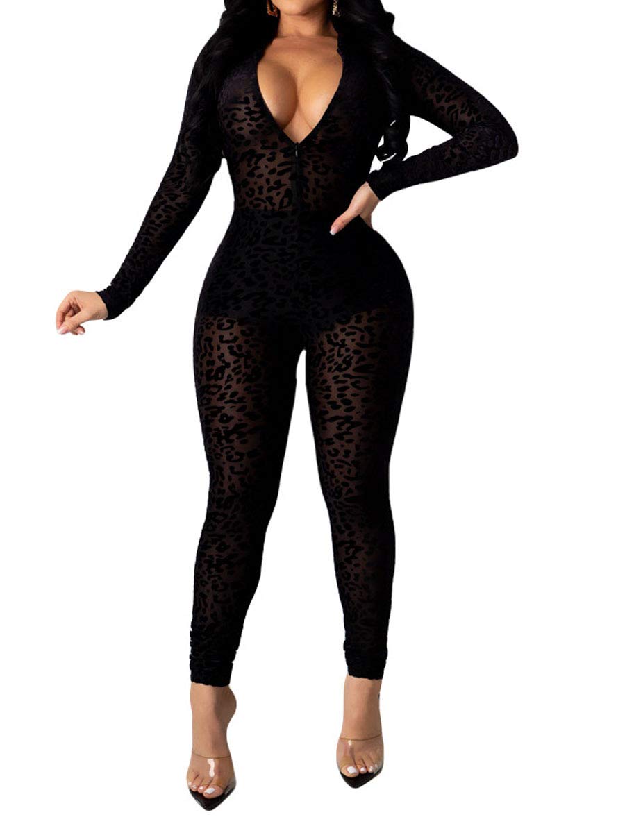 Photo 1 of Uni Clau Women Deep V Neck One Piece Outfits Mesh Sheer Bodycon Jumpsuit Long Sleeve See Through Party Jumpsuits (Dark Black, Small)