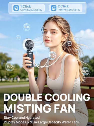 Portable Mini Misting Fan - 100 Speeds Small USB Rechargeable Fan, 6000 mAh 3-in-1 Folding Pocket Fan for Hand, Desk or Neck with LED Display, for Outdoor, Travel, Office (Black)