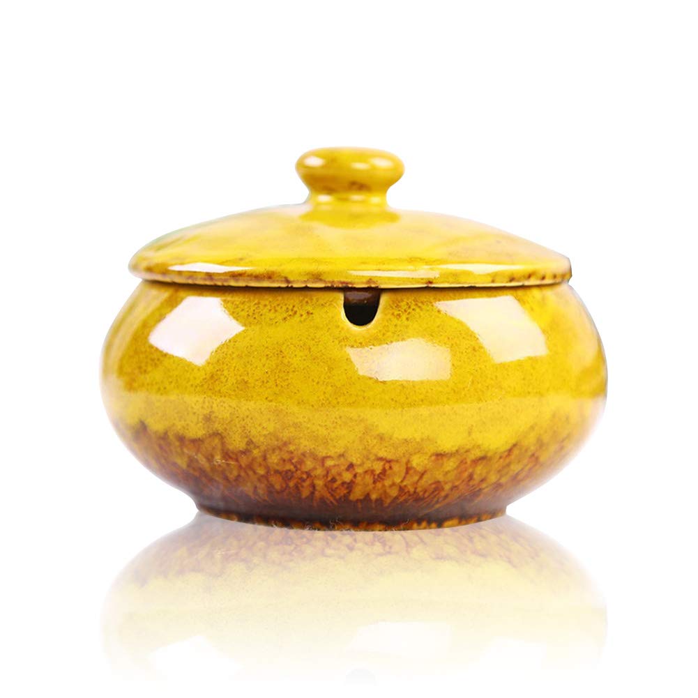Lependor Ceramic Ashtray with Lids,Windproof,Cigarette Ashtray for Indoor or Outdoor Use，Ash Holder for Smokers,Desktop Smoking Ash Tray for Home Office Decoration - Yellow