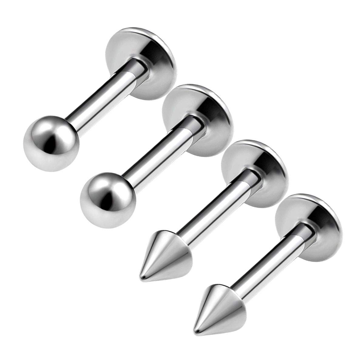 KJM FASHION 4PCS Surgical Steel Lip Ring Studs 14 gauge 1/4 6mm 3mm Ball Spike Cartilage Earrings Vertical Labret Piercing Jewellery 0355
