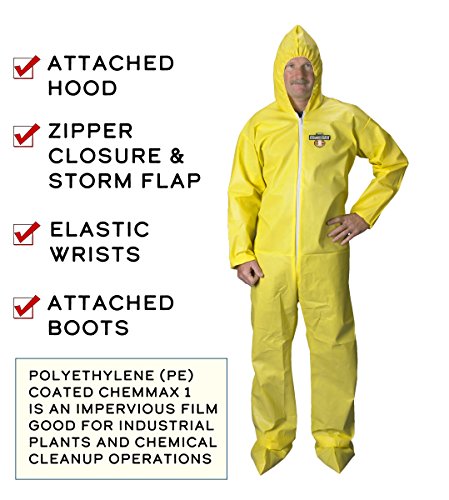 Lakeland Hooded Coverall Chemical Protection Suit - ChemMax 1 Serged Seam Coverall with Hood and Boots, Elastic Cuff, Yellow (3XL)