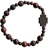Sine Cera Rose Cut Jujube Wood 1 Decade Catholic Rosary Bracelet, Durable Stretch Design, Double-Sided Laser Engraved Centerpiece, Smooth 8mm Beads