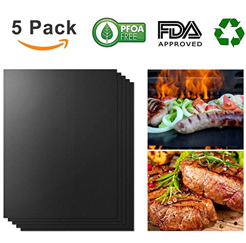 Teletrogy Grill Mat, Set of 5 Non-stick BBQ Grill & Baking Mats Reusable and Easy to Clean Cooking Accessories for Gas, Charcoal, Electric Grill and Kitchen Oven or Your Smoker -15.7 x 13 Inch (Black)