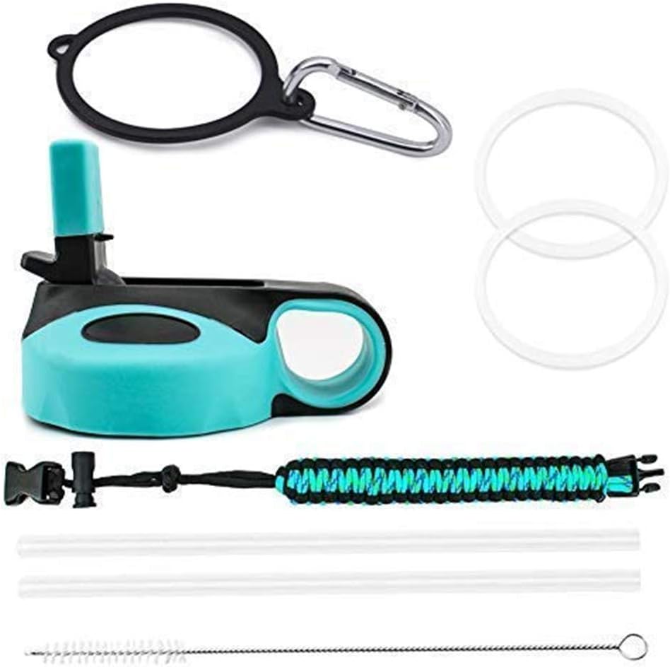 WINFOR Straw Lid Cover Cap Accessories Kit Set Compatible for Hydro Flask Wide Mouth Sport Bottle 12oz to64oz with Paracord Handle /2 Straw/ 1 Brushes/Alloy Carabiner/Safety Ring BPA Free (Green)