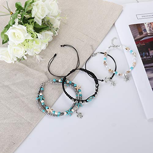 FUNRUN JEWELRY 8PCS Starfish Turtle Shell Anklet for Women Girls Handmade Multilayer Anklet Bracelet Adjustable Beach Foot Jewelry