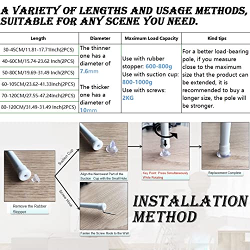 2 Units Extendable Curtain Poles, Curtain Poles, No Drilling Required, White, 45-60 cm