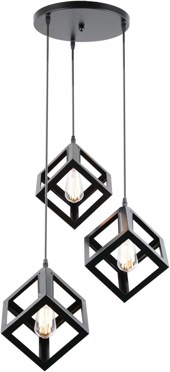 Industrial 3-Light Pendant Lighting, with Black Metal Square Shade, Adjustable Pendant Light for Kitchen Living Room Bedroom Hallway or Bar