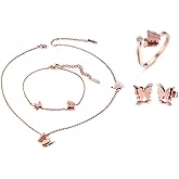 Cupimatch Butterfly Bracelet Ring Earrings Necklace Set, 18k Rose Gold Plated love Jewelry Gift Set for Women
