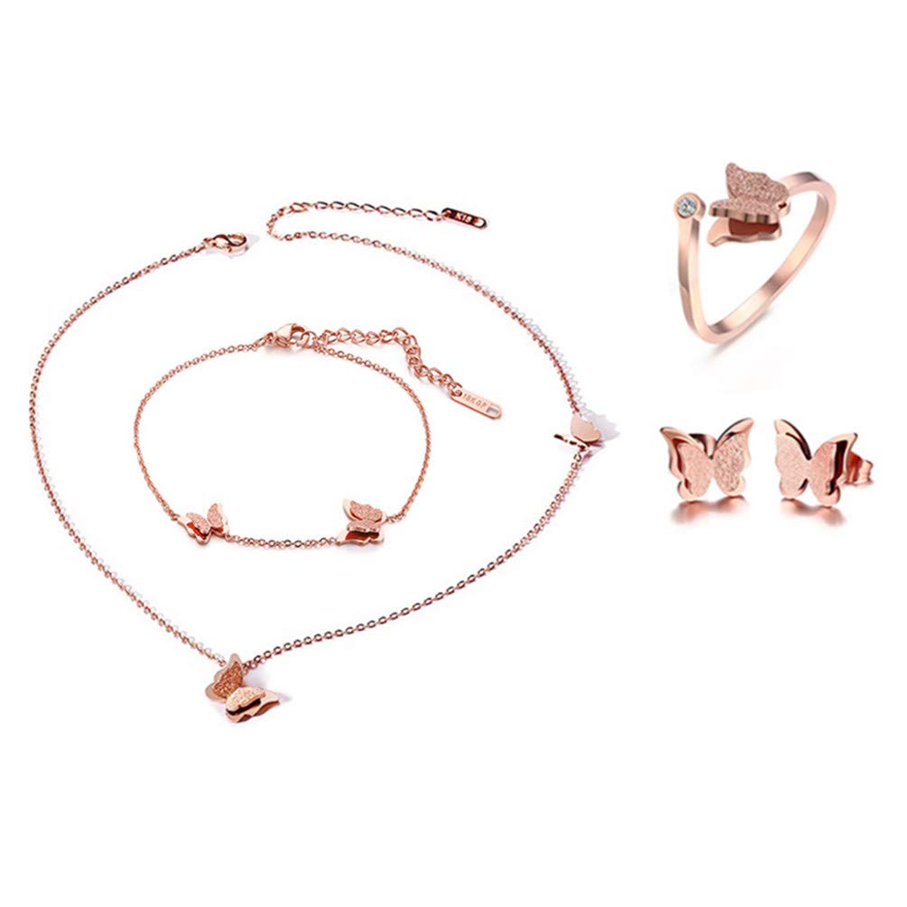 Cupimatch Butterfly Bracelet Ring Earrings Necklace Set, 18k Rose Gold Plated love Jewelry Gift Set for Women Girls