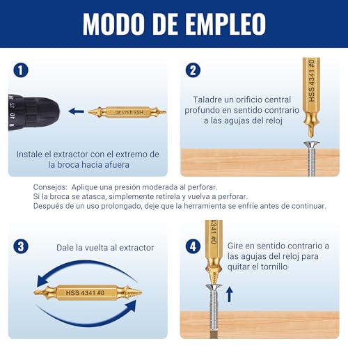 WORKPRO Juego de 6 Extractores de Tornillos Dañados Revestidos de Titanio, Removedores de Pernos Rotos para Tornillos de 2–13 mm con Estuche de Almacenaje