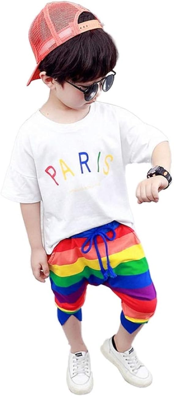 Amazon Co Jp 韓国子供服 男の子 セットアップ 夏服 Tシャツ パンツ 2点セット 個性プリント 虹色 カジュアル 可愛い 子ども服 上下セット お出かけ 通園 通学 ブラック ホワイト 90cm 140cm ホワイト 1cm 服 ファッション小物