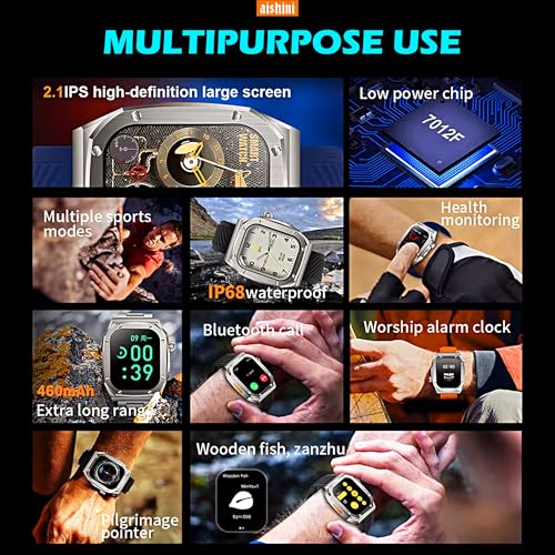 Aishini Bluetooth Calling Smart Watches for Men 2.1"IPS Large Touchscreen IP68 Waterproof Men's Smart Watch 460mAh,120+ Sport Modes, 70 Days Battery Life Fitness Smart Watch (Orange + Silver) Band