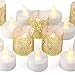 Frux Home and Yard FLAMELESS TEA LIGHT SET 24 Flickering LED Battery Tealight Candles With Gold Decorative Votive Wraps Included