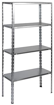 Metallregal, Schraubregal mit vier Böden. Metall, verzinkt. In Silber mit glänzendem Oberflächenfinish. Hält 40 kg pro Boden.
