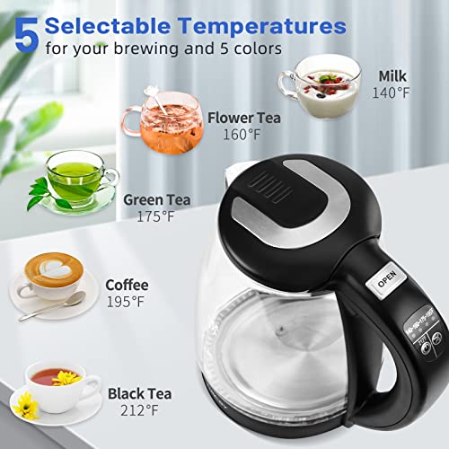 TUMIDY 1.7L Glass Electric Kettle Temperature Control Hot Water Boiler with 5 Colors LED