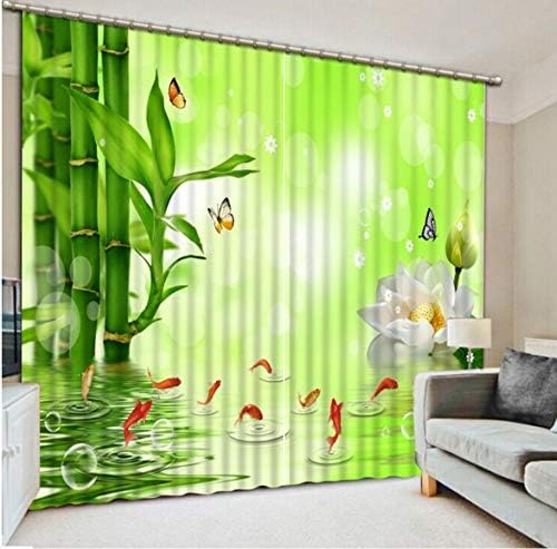 Modern 3D Printed Curtain For Living Room Home Decoration Blackout Curtains Green Bamboo Fish Drapes H200Xw200Cm