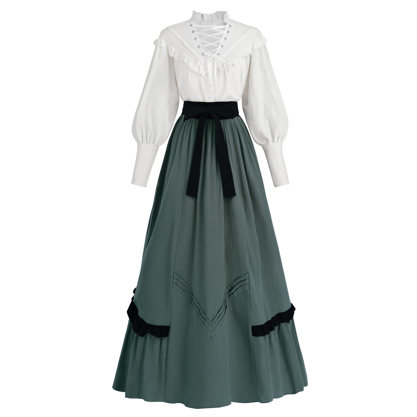 Fiamll Victorian Dress Women's Renaissance Costume Edwardian Blouse Renaissance Skirt Ball Dresses, Green, M
