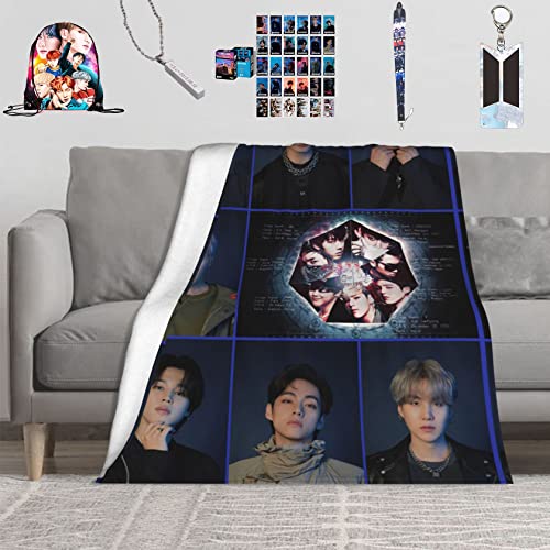 Bt-s Throw Blankets Gift Set Merch Keychain Bag Lanyard Bracelets Posters Living Room Luxury Gift Bedroom Blanket Merchandise (5 Product Package, 50in*40in for Kids)