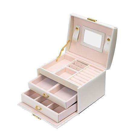 Schmuckkästchen, Meerveil Kosmetikkoffer mit 3 Ebenen, PU Leder, Abschließbarer Schmuckkasten mit Spiegel, Geschenk für Mädch