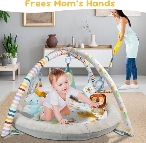 DMG Baby Gym Play Mat with 6 Toys - Multi-Stage Activity Mat for Tummy Time, Lie & Sit Play, Machine Washable Cover with Non-Slip Bottom, Newborn Infant Developmental Toy for Sensory Motor Skills
