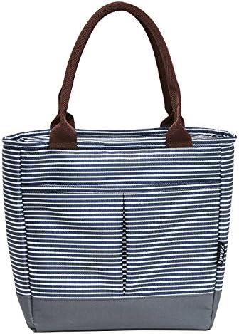 Zdzdy Insulated Lunch Bag for Women Original Waterproof Reusable Grocery Shopping Cooler Tote Bag for Adults Girls Kids, Blue and White Strips