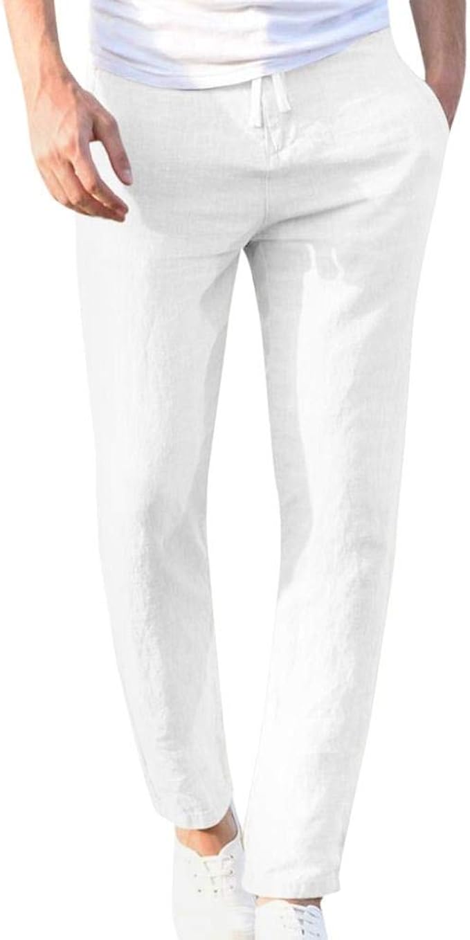 Fashion Cotton Linen Pants Men Casual Work Solid White Elastic Waist