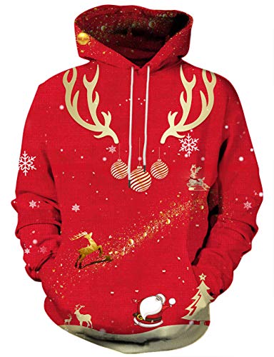 Yasswete Unisex 3D Red Xmas Ugly Sweatshirts Reindeer Printed Hoody L