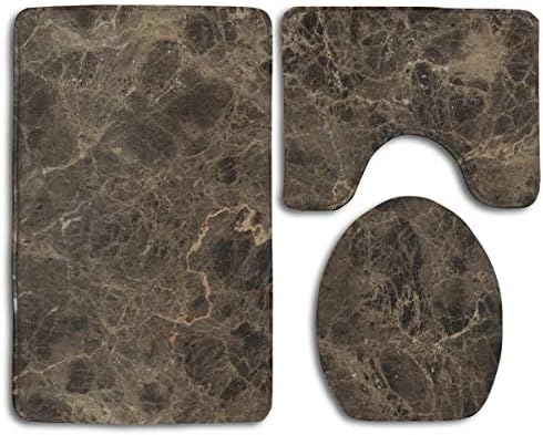 3 Piece Super Cozy Memory Foam Marble Marrn Emperador Tub-Shower Bath Rug Set Non Skid Rubber Backing Fast Dry - Water Absorbent Shower Mat U-Shaped Bath Mats & Lid Cover