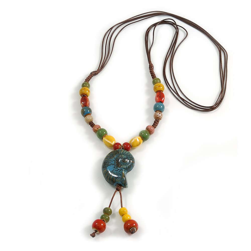 Avalaya Multicoloured Ceramic Bead Sea Shell Tassel Necklace with Brown Silk Cord/ 66-80cmL/ Adjustable