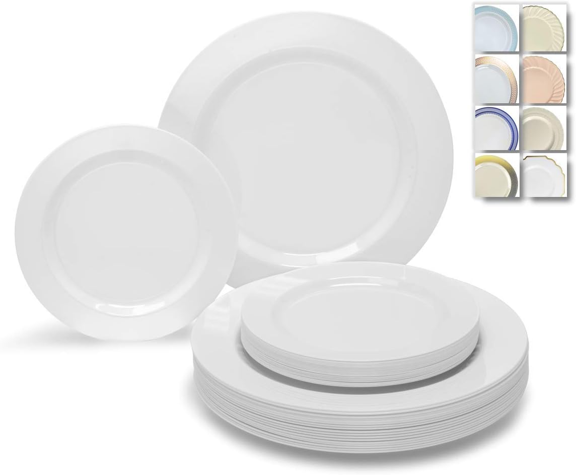" OCCASIONS" 50 Plates Pack (25 Guests)-Heavyweight Wedding Party Disposable Plastic Plate Set -25 x 10.5'' Dinner + 25 x 7.5'' Salad/Dessert plates (Plain White): Kitchen & Dining