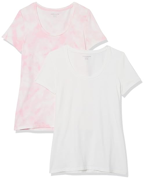 Amazon Essentials Women's Regular-Fit Short-Sleeve Scoop Neck T-Shirt (Available in Plus Size), Pack of 2, Pink Tie Dye/White, X-Small