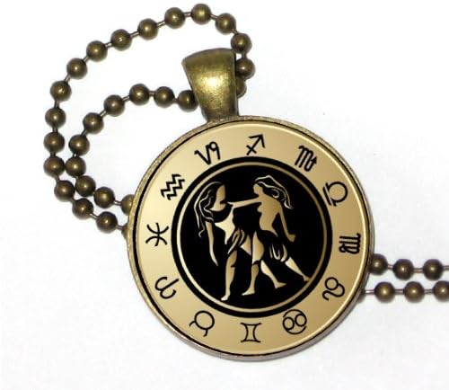 Black and Gold Zodiac Gemini on Round Brass Pendant w/ 24" Brass Ball Chain