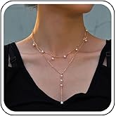 Yheakne Vintage Long Pearl Y Drop Necklace Layered Pearl Choker Necklace White Bead Lariat Necklaces Gold Pearls Dangle Necklaces Chain Wedding Bridal Necklace Jewelry for Women