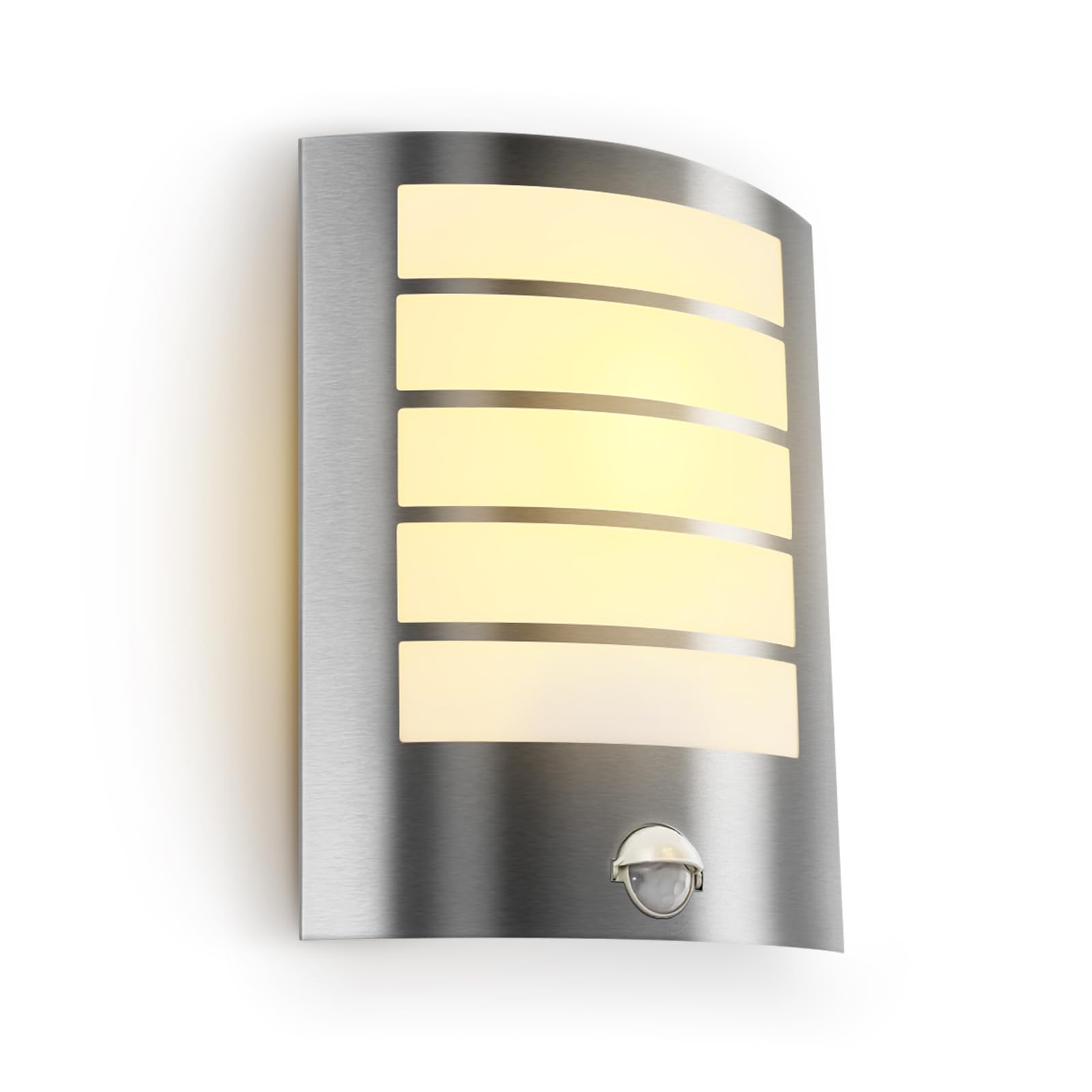 Kerry PIR Outdoor Wall Light, Outside Front Door Lighting Mains Powered Waterproof IP44 Exterior Lamp, Curved Stainless Steel Security Light with Motion Sensor, E27 Sconce for Porch (Bulb Excl.)
