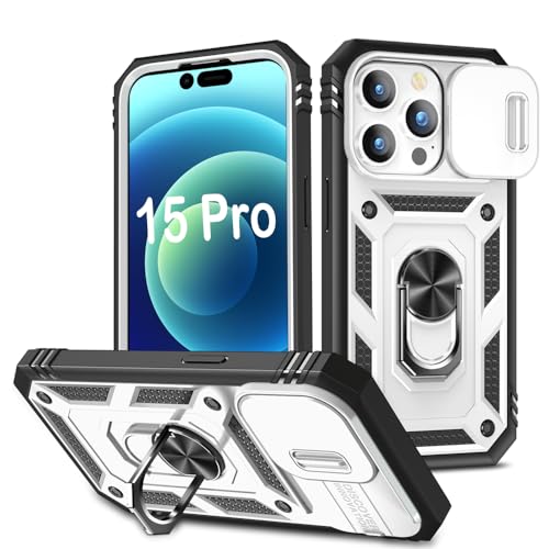 Photo 1 of PASNEW for iPhone 15 Pro Case,Camera Slide Cover & 360° Kickstand,Military Heavy Duty Full Body Shockproof Multi-Layer Hard Shell Protection Case for 15 Pro,6.1 inch,White