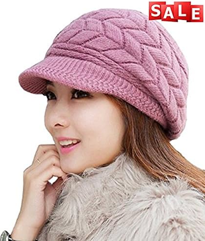 Womens Winter Warm Cable Knit Hat Oversized Beanie Beret Snow Ski Wool Cap with Visor