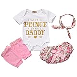 Newborn Baby Girls 4PCS Set Daddy Letter Print Romper + Floral Bow Shorts + Leg Warmer + Headband (70(0-3months),White)