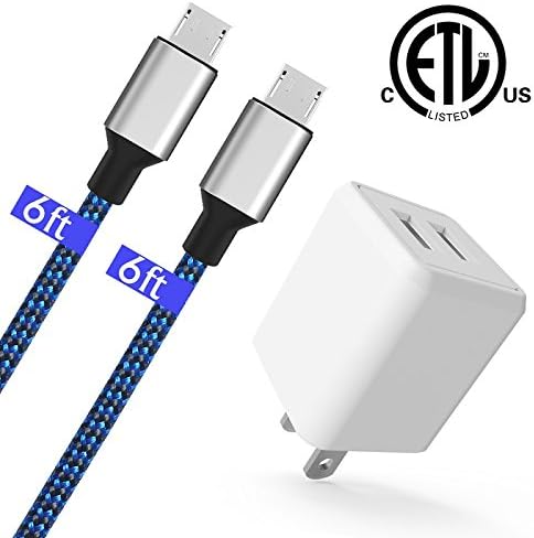 Charger Cable,USB Wall Charger Power Adapter with 2 x 6FT Micro USB Nylon Cable for Samsung Galaxy S7/S6/S5, Note, LG, Nexus, Nokia, PS4 and Other Android Devices