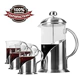 Pura Vida French Press Coffee Maker Set, 34 oz - 4 Level Filtration System - 4 Luxury Mugs - Heat Resistant Borosilicate Glass French Press with Durable 304 Grade Stainless Steel - Tea Maker, 8 Cup