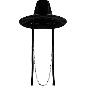 Korean Traditional Gat Hats with Beaded Chain Gothic Black Wide Brim Headwear for Halloween Cosplay Costume Accessory