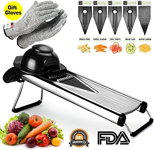V Blade Vegetable Mandoline Slicer, Zacfton Fruits and Vegetable Cutter - Stainless Steel Vegetable Slicer Chopper Cheese Grater, Julienne Cutter Includes Cut-Resistant Gloves and 5 Different Inserts