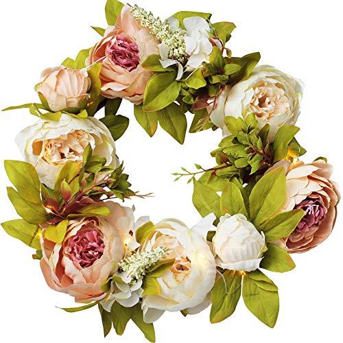 IRONLAND 15'' Peony Flower Wreath for Front Door Artificial Floral Wreath with Green Leaves, Spring Summer Garland Wreath for Wall Wedding Party Home Décor (with a Bunch of Lights)