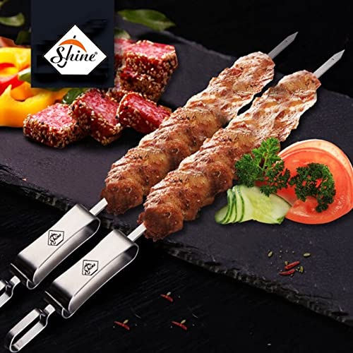 Shine Stainless Steel BBQ Skewers Pack of 10, Camping, Grilling, Outdoor Cooking, Garden Party, Reusable, Flat Skewers, Family Gatherings, Party Essentials, Shish Kebab, 45cm