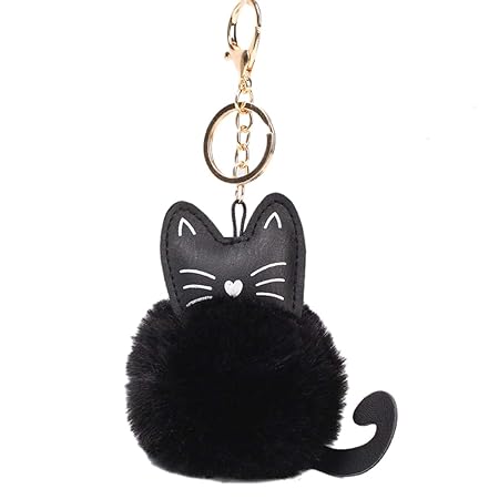 YueLian Fellbommel Katze Anhänger Schlüsselanhänger Schlüsselbund Keychain Schmuck(Schwarz)