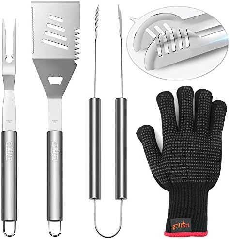 GRILLART BBQ Tools Set,Reinforced BBQ Tongs 3-Piece Grill Utensil Tool Set - Heavy Duty Stainless-Steel Barbecue Grilling Accessories Set - Spatula, Tongs, Fork - Bonus Insulated Gloves - NEW ARRIVAL