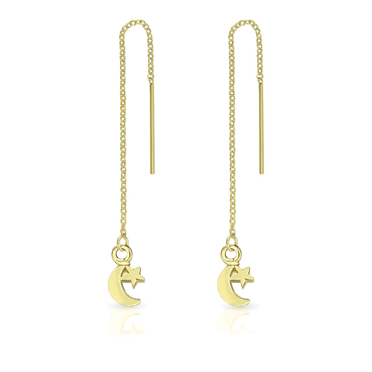 DTPsilver® 925 Sterling Silver Yellow Gold Plated Pull Through/Thread Style Drop Chain Earrings with Crescent Moon and Star - Length: 75 mm - Star Dimension: 6 x 10 mm