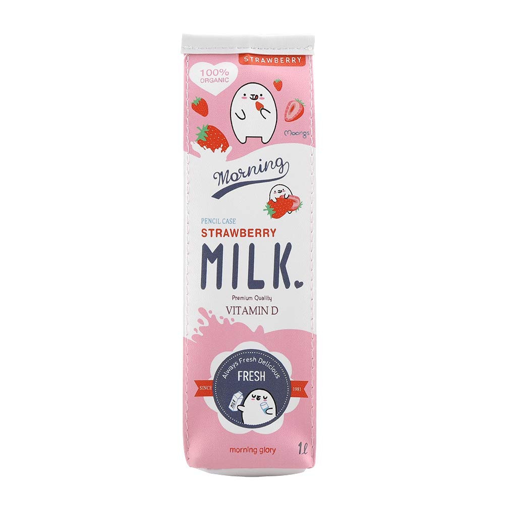 Fdit 3-Coloured Cartoon Milk Carton Stationery Bag, Waterproof PU, Large Capacity Pencil Case, Storage Bag